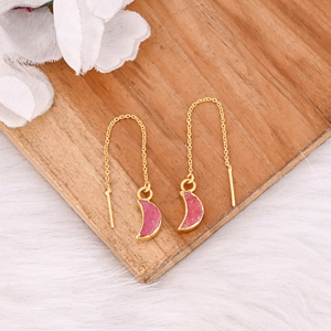 Minimalist Brass Gold Plated Thulite Moon <b>Threader</b> <b>Earrings</b> Trendy Gemstone Jewelry for Women - Product Image 2
