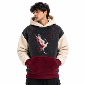 Sweat-shirt à capuche en polaire pour hommes, personnalisé avec logo brodé d'oiseau, manches raglan, coupe oversize, décontracté, pour l'hiver, avec poche avant, vente en gros - Product Image 1