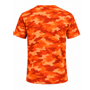 T-shirt camouflage orange pour homme, manches courtes, col rond, imprimé camouflage, vêtements de sport, entraînement, fitness, gym, performance athlétique - Product Image 2