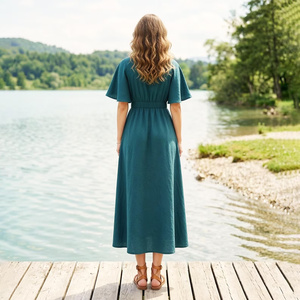 100% Cotton Vintage Bell Sleeve V-neck <b>High</b> <b>Waist</b> Midi Beach Vacation <b>Dress</b> Pockets Minimalist A-Line Bow Breathable Loose Fit - Product Image 2