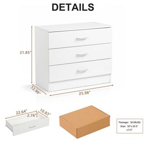 <b>3</b>-<b>Drawer</b> Particleboard <b>Bedside</b> <b>Table</b> with Melamine Finish and Lockers <b>White</b> 25.98x12.99x22.05in - Product Image 2