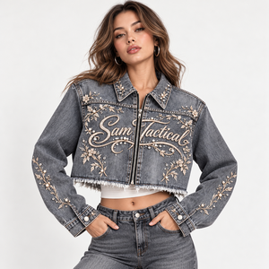 Blouson en jean pour femme, style racer, color block, lettres brodées, col rabattu, manches longues, rouge et bleu, prix de gros, OEM, prix abordable - Product Image 2