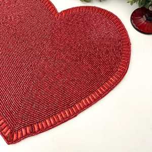 Handmade Red Heart Shaped Beaded Fabric Placemat Romantic <b>Table</b> Mat Set - Product Image 2