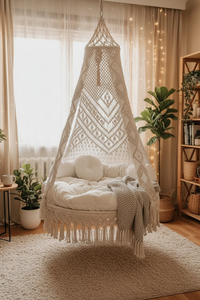 White Macramé Swing <b>Chair</b> Hanging Hammock <b>Round</b> Boho Hanging Swing <b>Chair</b> Indoor Outdoor Patio Seat - Product Image 6