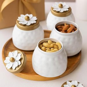 Ensemble de pots de conservation alimentaire ronds blancs à motif floral avec couvercles hermétiques, pour la cuisine, conteneurs scellés faits à la main pour les noix et les collations - Product Image 1