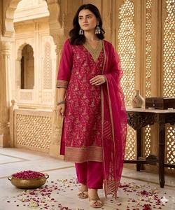 Conjunto de dos piezas con tejido jacquard elegante y dupatta, ropa festiva, precio al por mayor, prenda étnica, multicolor, algodón, lavable a máquina - Product Image 1