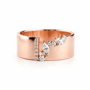 Bague de déclaration en or massif 10K 14K 18K avec diamants de laboratoire marquise et ronds, large bande en or style cigare, grappe asymétrique et épaisse, pour mariage - Product Image 3