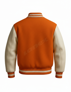 Blouson Bomber Unisexe Personnalisable Lettre « R » – Style Letterman Orange & Crème avec Patch Chenille pour Équipes et Marques - Product Image 4