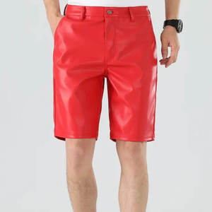 KIVOTECH Men Red <b>PU</b> Leather Bermuda <b>Shorts</b> Casual Solid Color Button Fly With Pockets Mid Waist Woven Fabric - Product Image 5