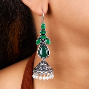 Factory Direct Green Stone <b>Oxidized</b> Silver Jhumka Earrings Handmade Ethnic Boho Pearl Drop Earrings for Women Wholesale Jewelry - Product Image 2