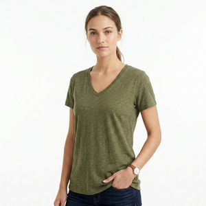 T-shirt pour femme à col en V, double couture de qualité industrielle, uni, avec logo de marque personnalisé imprimé, vêtements de sport pour femmes - Product Image 5