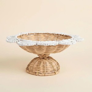 Elegant Rattan Pedestal Bowl With White Scallop Stylish Serving Bowl For Fruit <b>Display</b>, <b>Table</b> Decor And Home Styling - Product Image 3