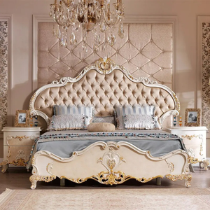 Ensemble de chambre à coucher de luxe en bois d'acajou rose clair, style européen antique, taille King, rembourré et capitonné, livraison gratuite - Product Image 1