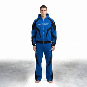 Mens Blue <b>Black</b> Color Block Tracksuit Set <b>Zip</b> Up <b>Hoodie</b> Jacket Flared Pants Custom Streetwear Sportswear - Product Image 1