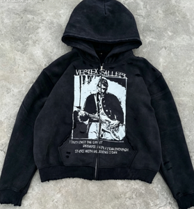 Oversized Hoodie <b>Men</b> Custom Distressed Zip up Hoodie Cropped Stone Vintage Wash <b>Men</b> Printed Hoodies - Product Image 2