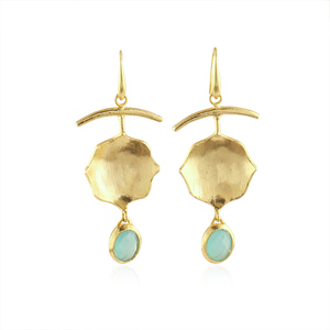 18K gold plated unique dangle drop <b>earrings</b> aqua chalcedony briolette oval stone handmade brass <b>hook</b> closure bezel set jewelry - Product Image 1