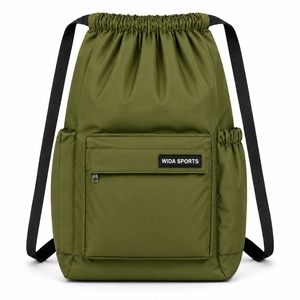 Olive Green <b>Drawstring</b> Backpack Lightweight Sports Gym Sack <b>Bag</b> with Front Pocket Side Pouches for Hiking - Product Image 1