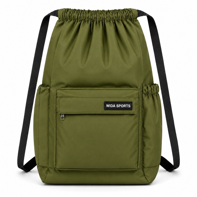 Olive Green Drawstring Backpack Lightweight Sports Gym Sack Bag with Front Pocket Side Pouches for Hiking
