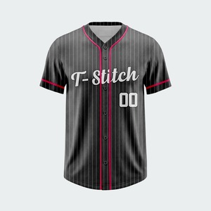 Camiseta de Béisbol T-Stitch para Hombre, Negra con Rayas Finas, Manga Corta, Cuello en V, Botones al Frente, Impresión por Transferencia de Calor, Transpirable, Antibacteriana - Product Image 1