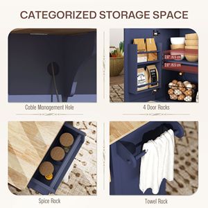 Isola da Cucina Blu Regolabile su Ruote, Carrello da Cucina Portatile con Piano in Legno, Stazione di Ricarica, Isola da Cucina con Piano Ribaltabile - Product Image 6