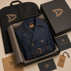 Abrigo de mezclilla índigo crudo para hombre, estilo gabardina, doble botonadura, largo, con cinturón, estilo streetwear, ropa exterior - Product Image 5