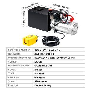 Centralina Idraulica a Doppio Effetto da 6 Quarti, Portata 0.91 GPM, Pressione Massima 3200 PSI, Pompa Idraulica per Rimorchi - Product Image 3
