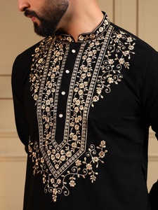 <b>Men</b> Black Embroidered <b>Kurta</b> With White Pajama Regular Fit Traditional Indian Pakistani Wedding Wear For All Seasons - Product Image 5