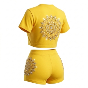 Women's Maroon Rhinestone Crop Top Shorts <b>Set</b> Crew Neck Short Sleeve Sexy Club Wear Spring Summer Two Piece Outfit - Product Image 4