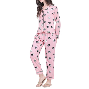 Pyjama en coton rose à imprimé panda pour femme, ensemble de nuit à manches longues avec boutons sur le devant, motif dessin animé mignon, pantalon taille mi-haute longueur cheville - Product Image 5