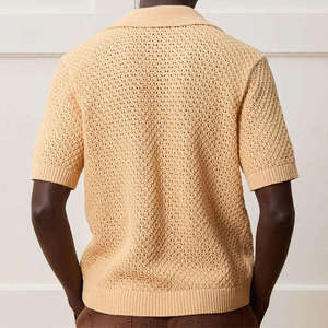 Polo de punto abierto con textura de ganchillo para hombre, ropa de verano 2026, amarillo suave, corte relajado, sin botones, cuello tipo campamento, HD - Product Image 5