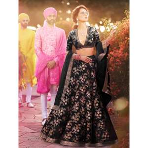 Ropa de boda de color negro hipnótico bordado satén Lehenga Choli - Product Image 1