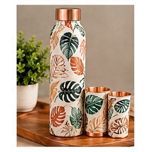 Bouteille d'eau en cuivre imprimée de branches florales violettes artistiques avec couvercle, ensemble de vaisselle de voyage portable - Product Image 3