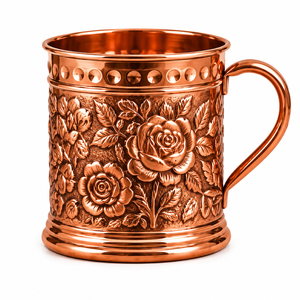 Mug à Moscow Mule en cuivre floral gaufré fait main, tasse à bière en cuivre pur de qualité supérieure, verre à cocktail vintage avec poignée en laiton - Product Image 5