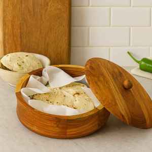 Boîte ronde en bois d'acacia massif durable pour chapati, chauffe-roti, casserole avec couvercle, pour la cuisine, la table à manger, le service et le rangement des aliments - Product Image 1