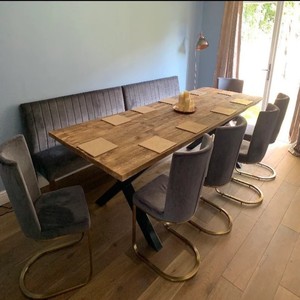 Ensemble de table à manger en bois massif de luxe moderne, table rectangulaire en bois avec pieds croisés, meubles de salle à manger de style farmhouse vieilli, chaises - Product Image 2