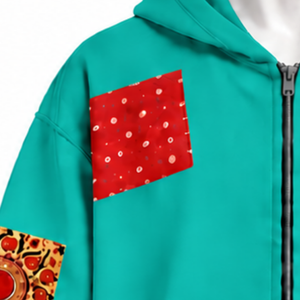 Sweat à capuche zippé surdimensionné en patchwork de tapisserie bleu sarcelle, imprimé, style streetwear décontracté, veste tendance - Product Image 6