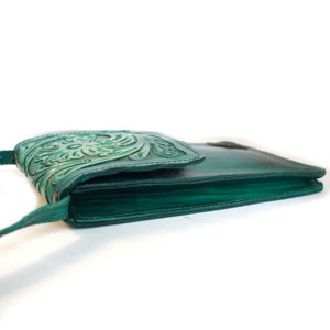 Bolso de Hombro de Cuero Vintage Unisex, Bolso de Viaje de Cuero Genuino, para Teléfono Móvil, Pasaporte, Tarjetas de Crédito, con Diseño Floral en Color Verde Azulado - Product Image 4