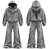 Survêtement imprimé gothique unisexe à capuche avec fermeture éclair intégrale, coupe ample, gris, design vieilli, pour l'hiver