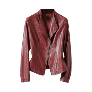 Manteaux courts en cuir véritable pour femmes Vestes à glissière en peau de mouton noire - Product Image 1