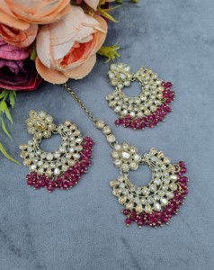 Conjunto de collar de gargantilla con piedra preciosa de corte redondo Royal, con aretes y mangtika, chapado en oro antiguo, joyería de diseñador de moda al por mayor. - Product Image 3