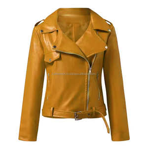 Vestes de motard en cuir jaune pour femmes avec fermeture à glissière asymétrique col à revers manches longues ceinturé manteau Slim Fit - Product Image 1