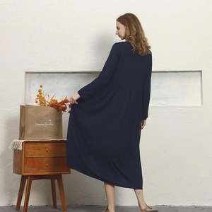 Luxury Navy Blue Plain Cotton Linen Maxi <b>Dress</b> With Button Down Mandarin Collar <b>Loose</b> Fit Full Sleeve Summer Casual <b>Dress</b> - Product Image 4