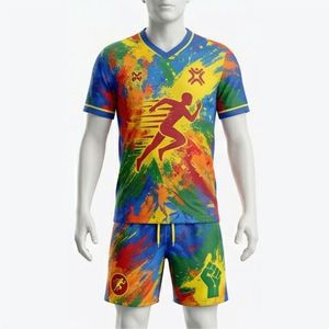 ชุดยูนิฟอร์มฟุตบอลชายแบบกำหนดเอง พิมพ์ลายแบบ Sublimation คอวี แขนสั้น ระบายอากาศได้ดี ผลิตจากโพลีเอสเตอร์ เหมาะสำหรับทุกฤดูกาล ชุดทีมฟุตบอล - Product Image 1
