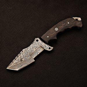 Cuchillo de Caza de Hoja Fija de Acero de Damasco Forjado a Mano de 10 Pulgadas con Punta Clip y Mango de Madera, Personalizable OEM, Grado Industrial - Product Image 1