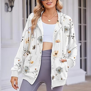 Sweat-shirt à capuche vintage pour femme avec fermeture éclair, style floral, impression numérique par sublimation, cordon de serrage personnalisé, poche avant - Product Image 3