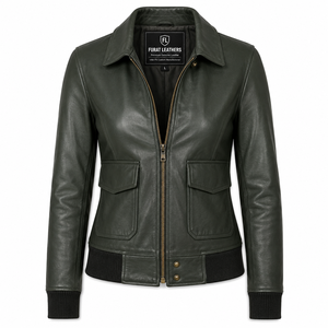 Blouson de moto en cuir vert Westa A-2 avec fermeture éclair, col ouvert, couleur unie, doublure en polyester coupe-vent pour l'automne - Product Image 1