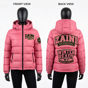 Women Puffer <b>Jacket</b> 100 Percent Polyester 210 GSM Insulated Fabric <b>Pink</b> Custom Logo Embroidery Chenille Patch OEM ODM - Product Image 1