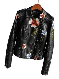 Chaqueta de cuero suave de imitación con bordado Floral para mujer, abrigo de motocicleta de Pu, ropa de abrigo con remaches y cremallera negra para mujer - Product Image 6