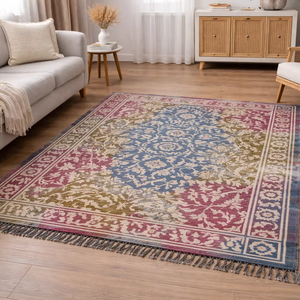 Alfombra Dhurrie de Algodón Hecha a Mano, Alfombra Vintage con Estampado Floral, Alfombra Plana Multicolor para Sala de Estar, Dormitorio, Decoración del Hogar - Product Image 1