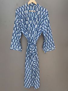 <b>Navy</b> Blue Floral Cotton Kimono Robe Women's Full Length Long Sleeve Casual Sleepwear Mandarin Collar Printed Woven Fabric - Product Image 1